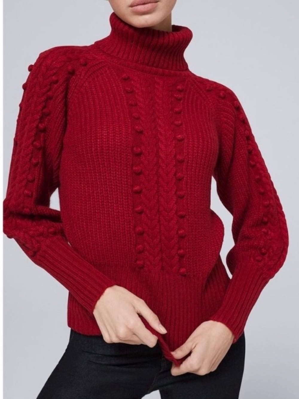 White House Black Market Red Cable Bobble Turtleneck Sweater